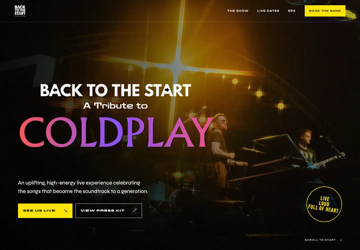 Back To The Start website hero featuring the band performing beneath golden stage lights and a prominent Coldplay tribute wordmark.