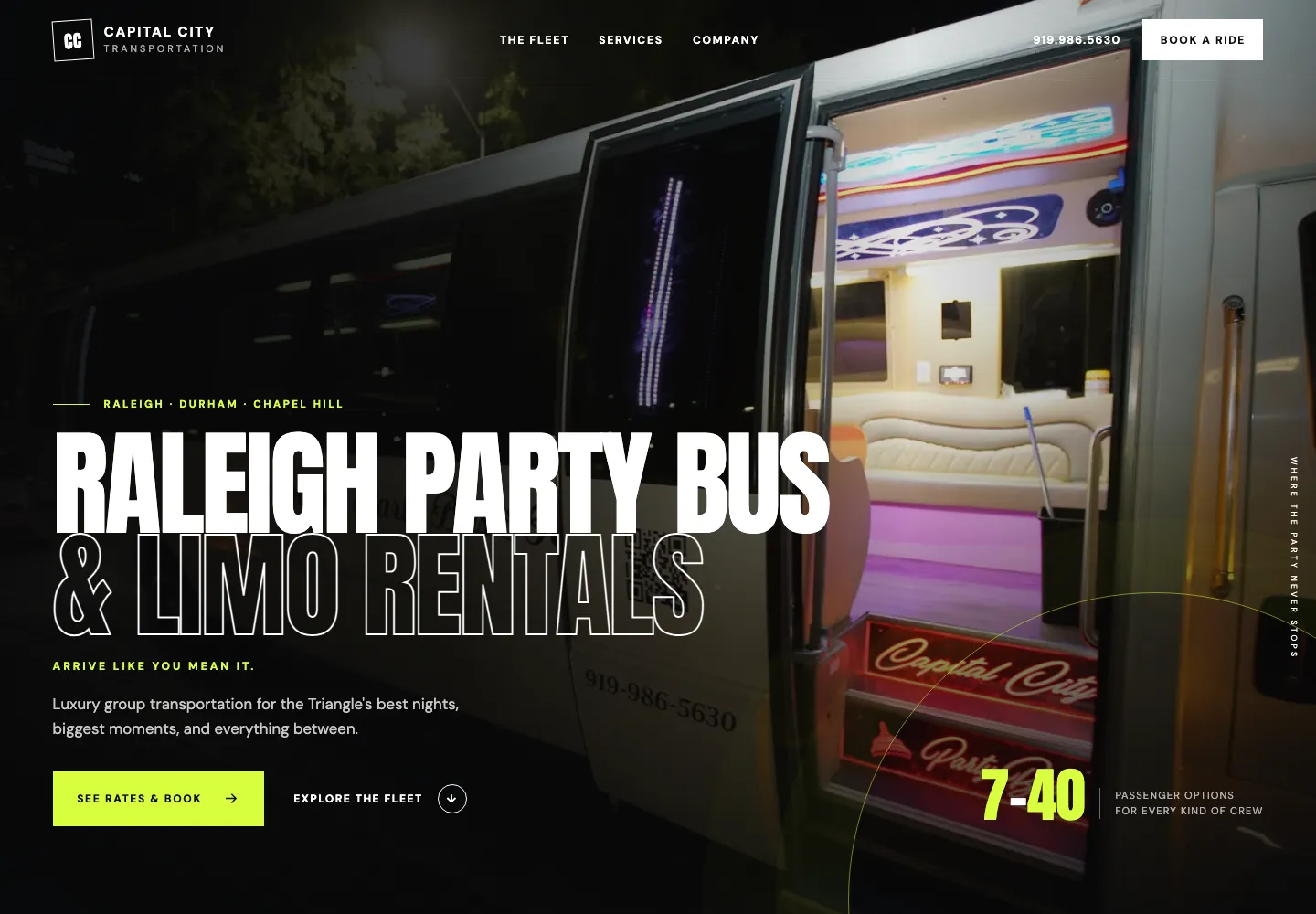 Capital City Transportation homepage featuring a party bus at night and the headline Raleigh Party Bus and Limo Rentals.