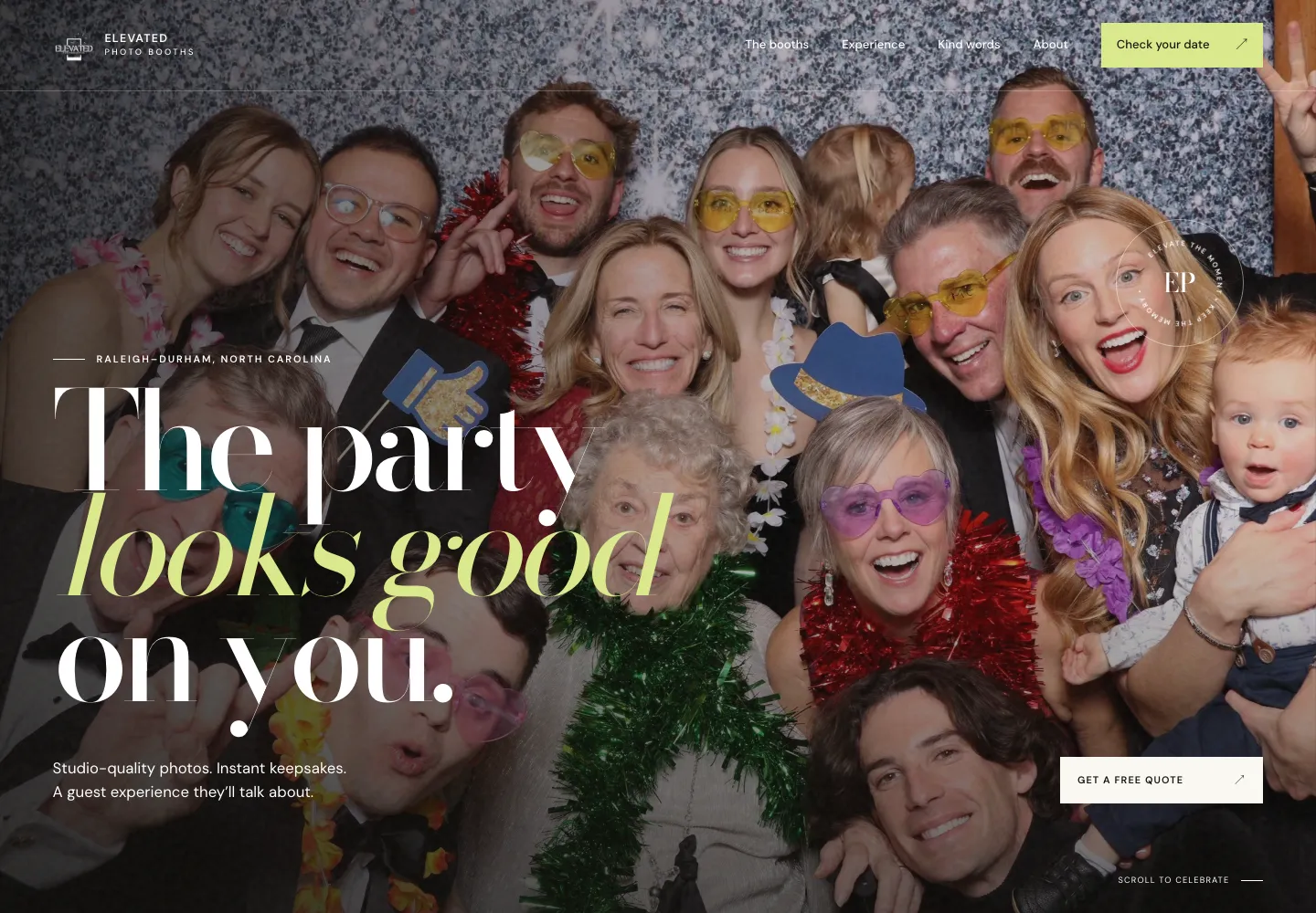 Elevated Photo Booths homepage featuring a joyful group photo and the headline The party looks good on you.