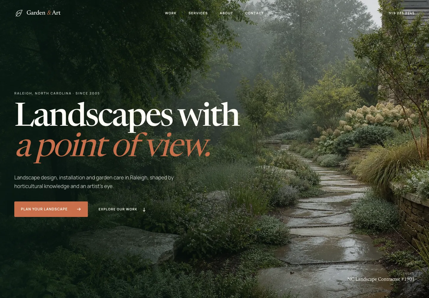 Garden & Art Landscapes homepage featuring a lush garden path and the headline Landscapes with a point of view.