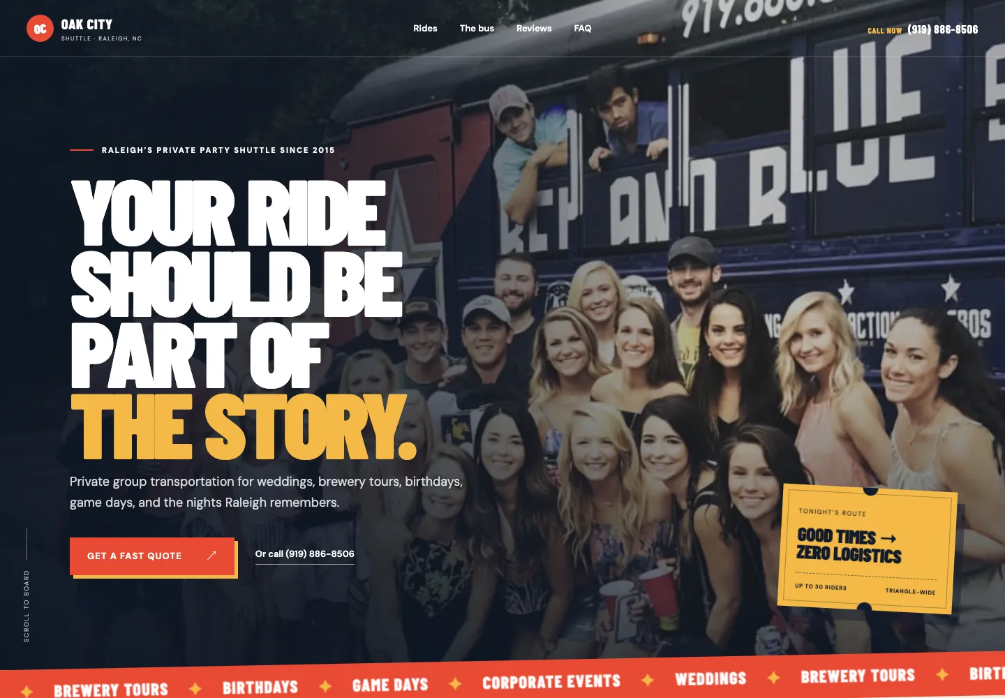 Oak City Shuttle homepage featuring a group beside the party bus and the headline Your ride should be part of the story.