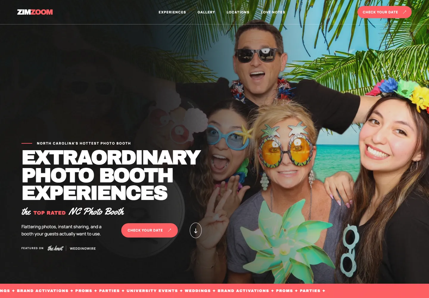 ZimZoom Photo Booth homepage featuring celebrating guests and the headline Extraordinary Photo Booth Experiences.
